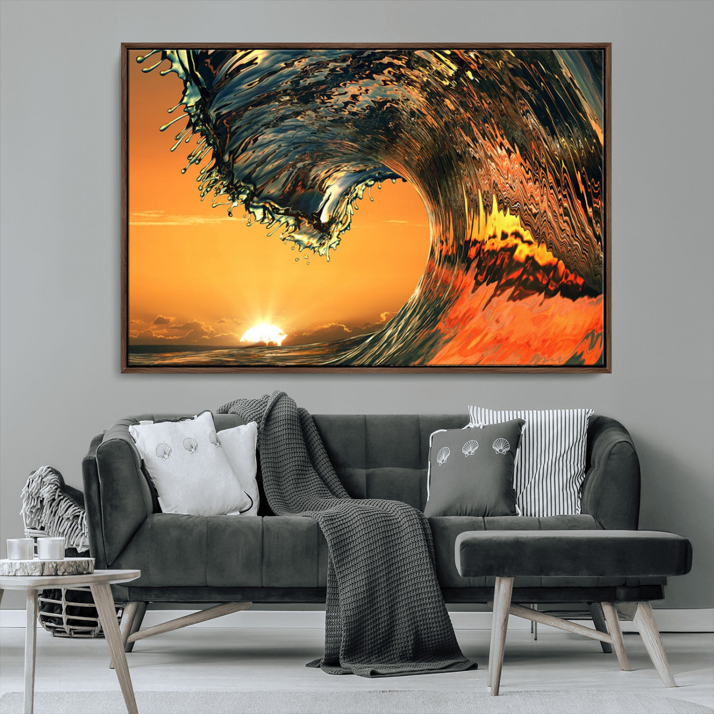 -Surf Wave Sunset Canvas Wall Art Print, 3-Panel Ocean Coastal Wall Art Print, Ocean Decor for