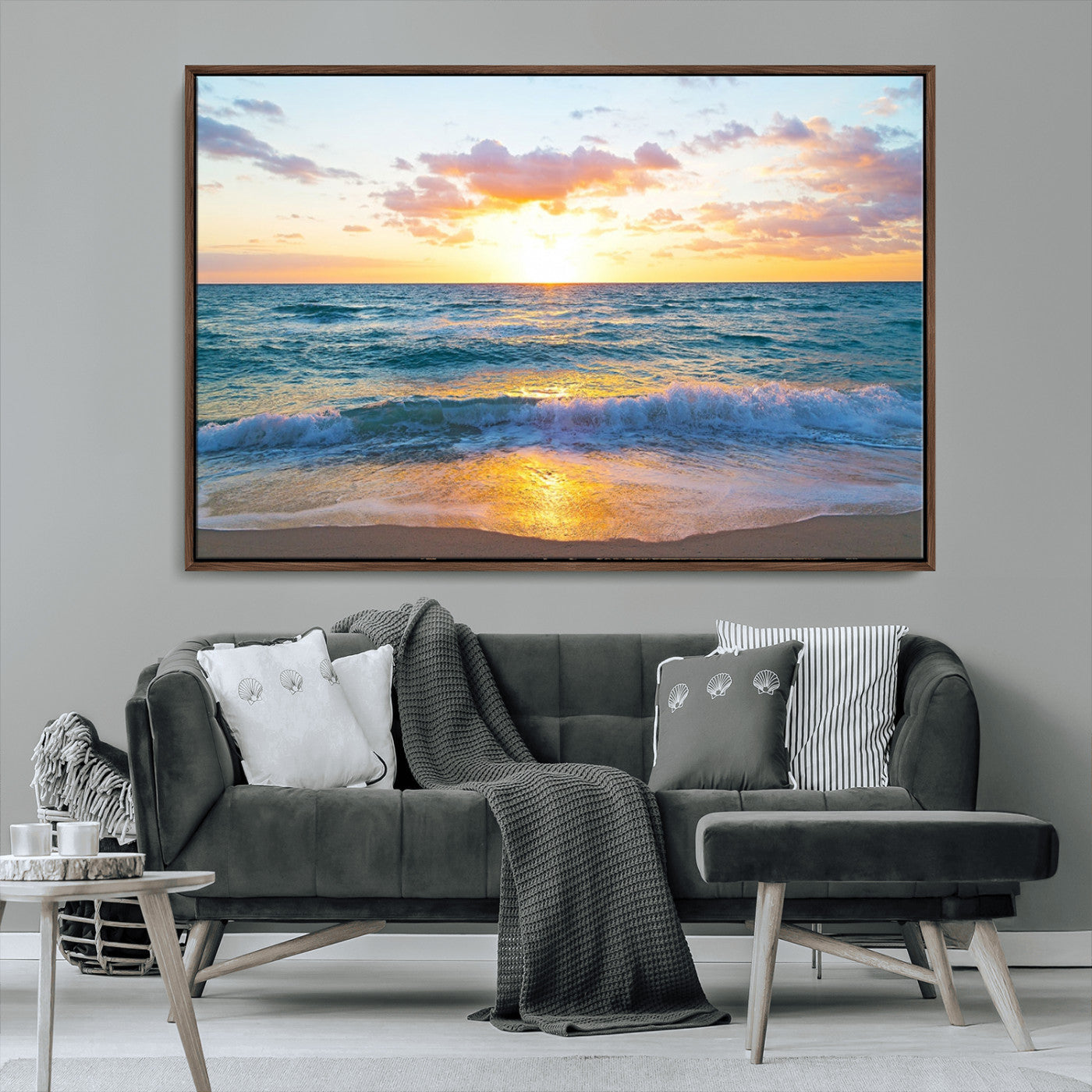 MGV-FC-36X24 - Ocean Sunset Triptych Canvas Wall Art, Giclee Beach Sunset Print with Gentle Waves, Coastal Art for Relaxation Spaces