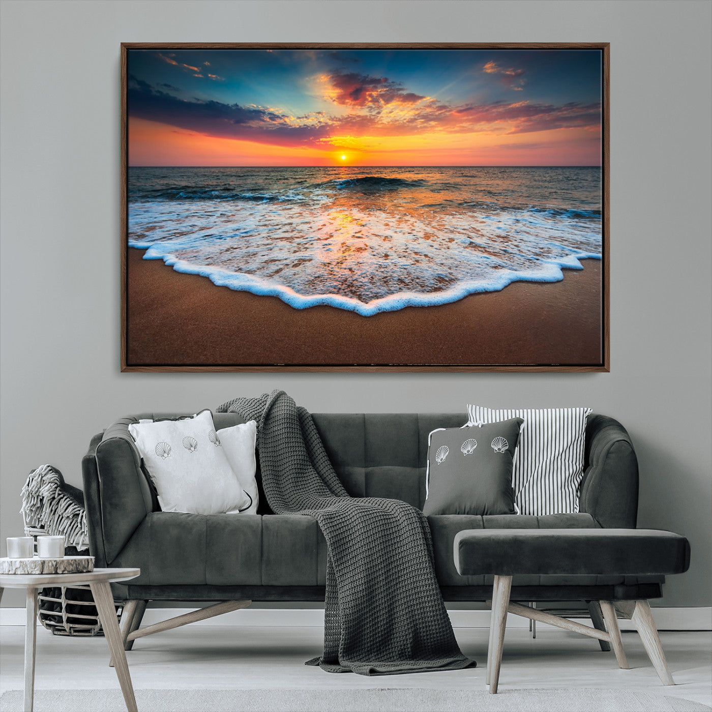 MGV-FC-36X24 - Sunset Beach Canvas Wall Art – Colorful Ocean Waves Triptych – Coastal Decor for Living Room or Bedroom – Framed and Ready to Hang