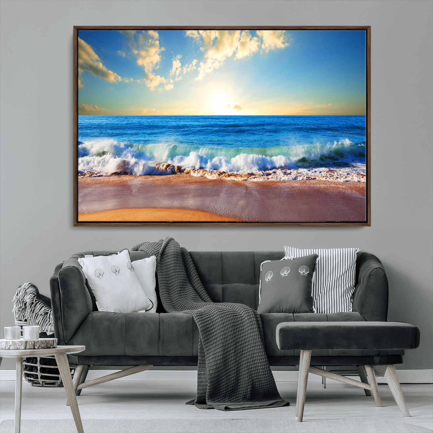 MGV-FC-36X24 - Tropical Beach Sunset Canvas Art, Ocean Waves and Sandy Shoreline Wall Art, Large Beach Decor for Coastal Homes