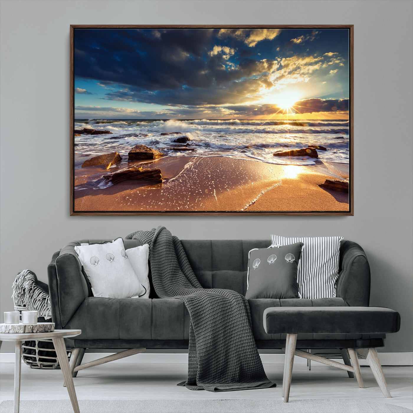 MGV-FC-36X24 - Golden Hour Beach Sunset Canvas Triptych, Ocean Waves and Rocks Wall Art for Coastal Home Decor