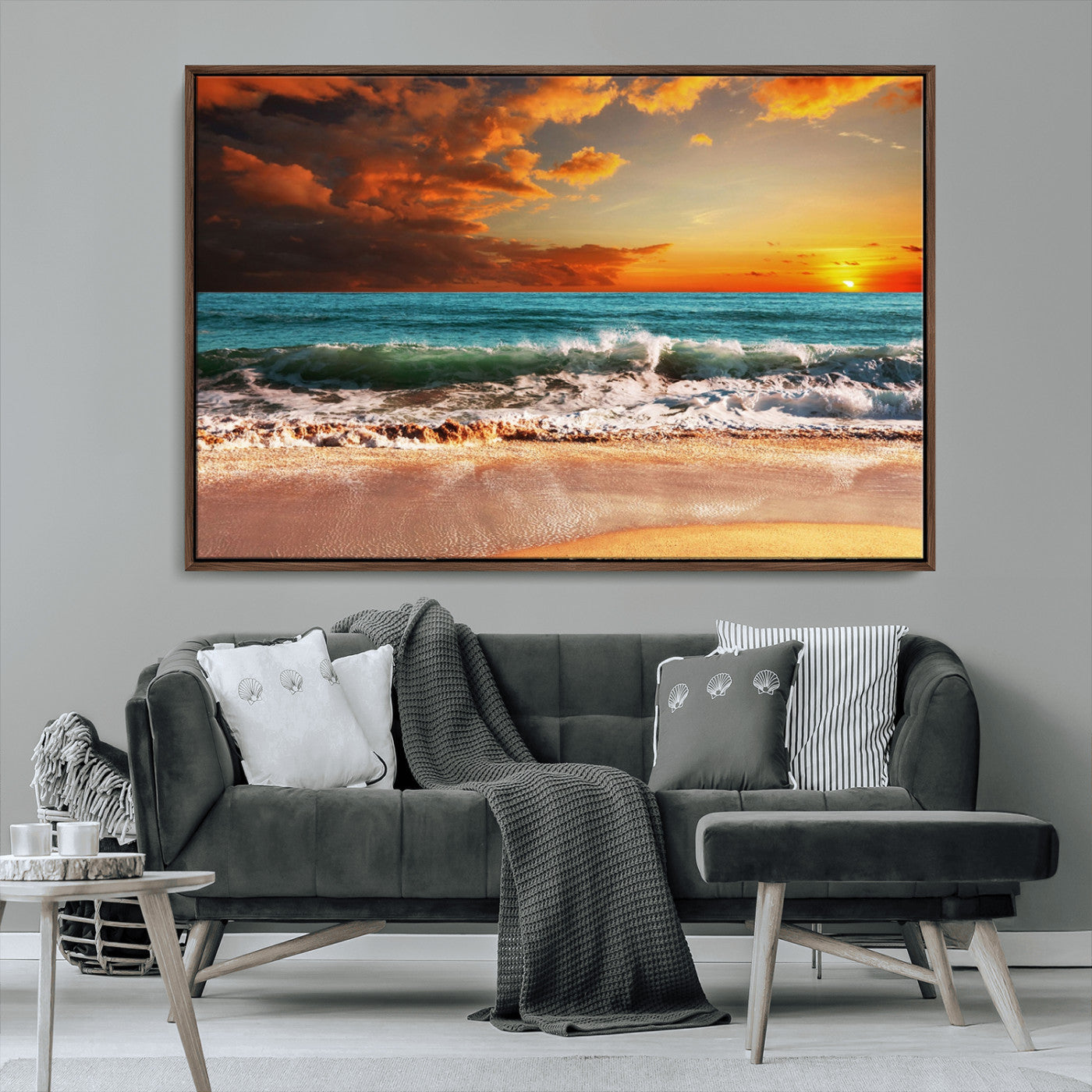 MGV-FC-36X24 - Golden Sunset Beach Canvas Wall Art – Triptych Seascape Print – Framed and Ready to Hang for Living Room or Office