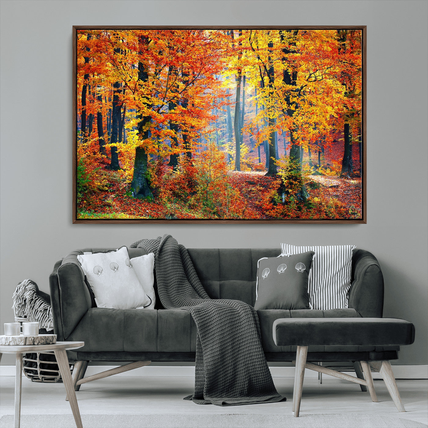 MGV-FC-36X24 - Autumn Red Forest Triptych Canvas Wall Art Print, Forest Wall Decor, Fall Landscape Art | Season Nature Landscape for Home or Office