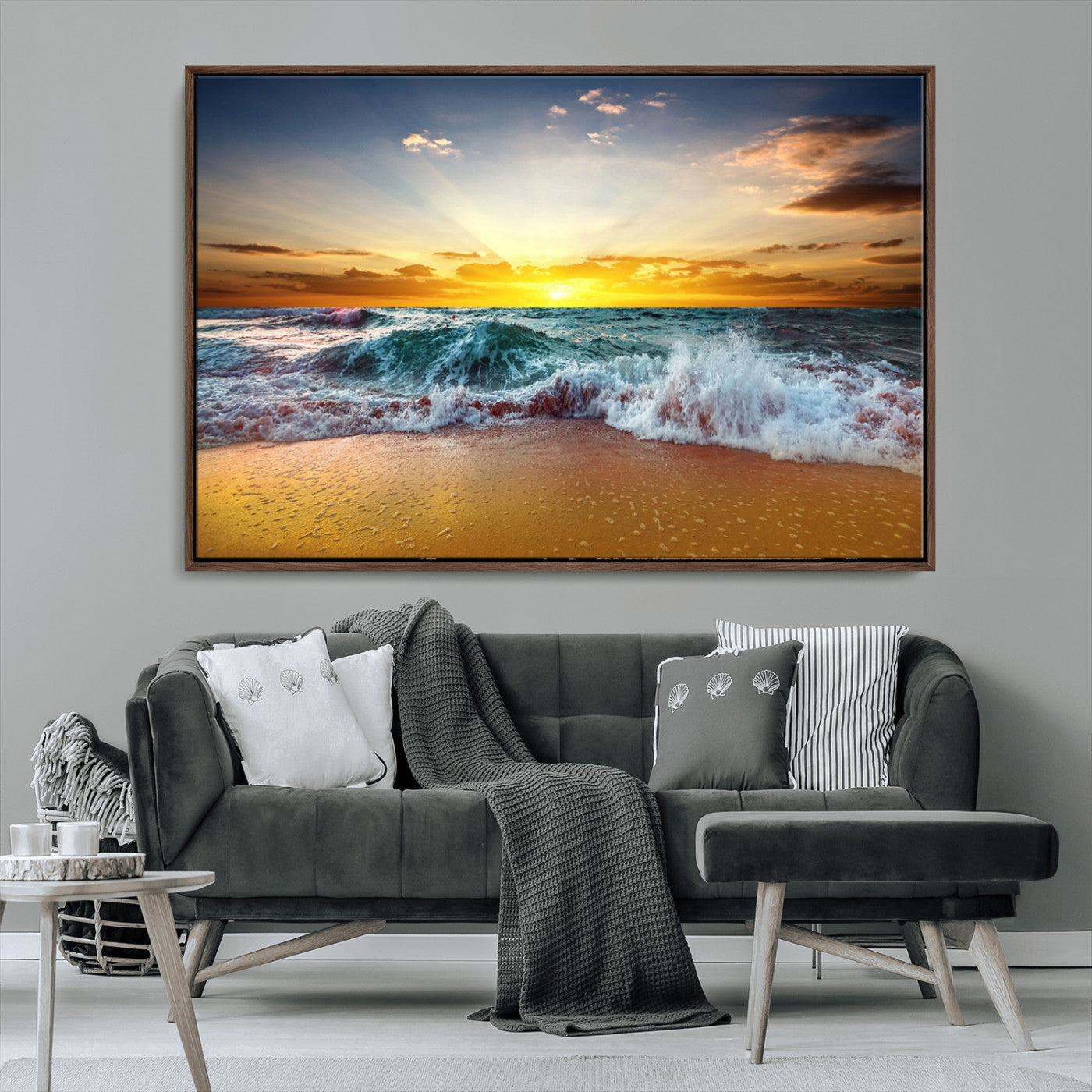 MGV-FC-36X24 - Golden Sunset Ocean Waves Wall Art Canvas Print – Multi Panel Beach Canvas Print Set – Large Coastal Triptych Print for Home or Farmhouse Decor