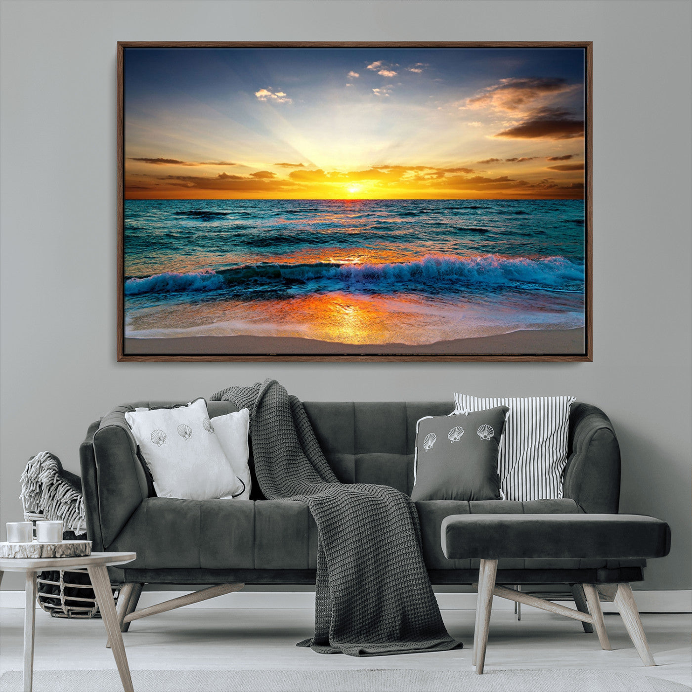 MGV-FC-36X24 - Vibrant Ocean Sunrise Over Golden Beach Waves, Giclee Canvas Wall Art Set, High-Quality Stretched Canvas Print, Ready to Hang Coastal Sunset Wall