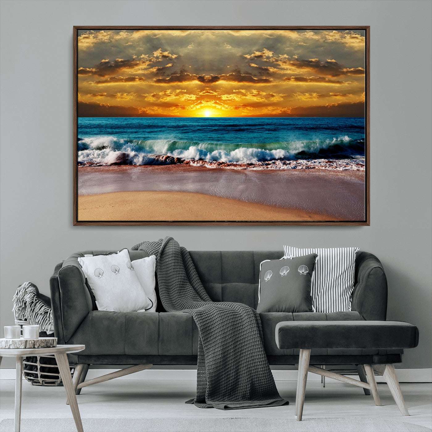 MGV-FC-36X24 - Ocean Sunrise Over Golden Beach Waves, Giclee Canvas Wall Art Set, High-Quality Stretched Canvas Print, Ready to Hang Coastal Sunset Wall Decor