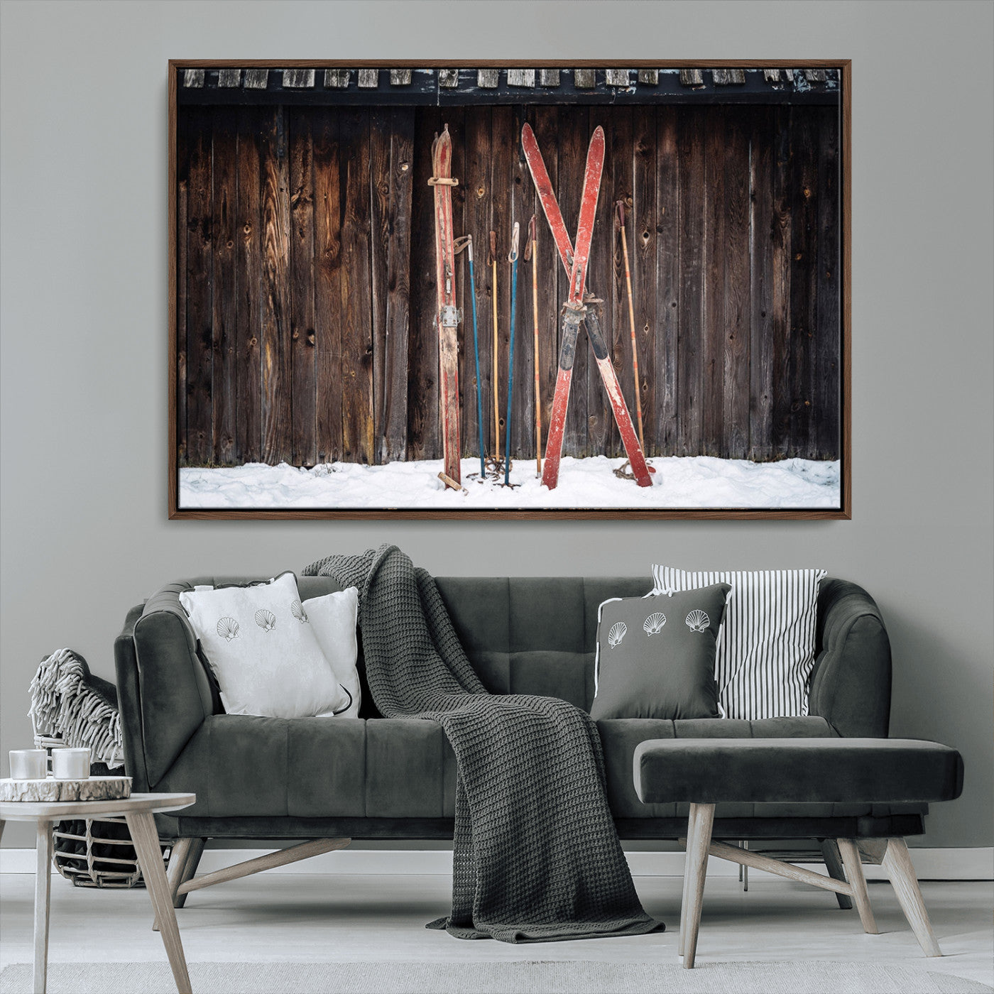MGV-FC-36X24 - Vintage Ski Gear Against Wooden Cabin Wall, Rustic Winter Sports Equipment Canvas Print, Ready to Hang Wall Art, Perfect for Lodge or Ski Cabin Decor