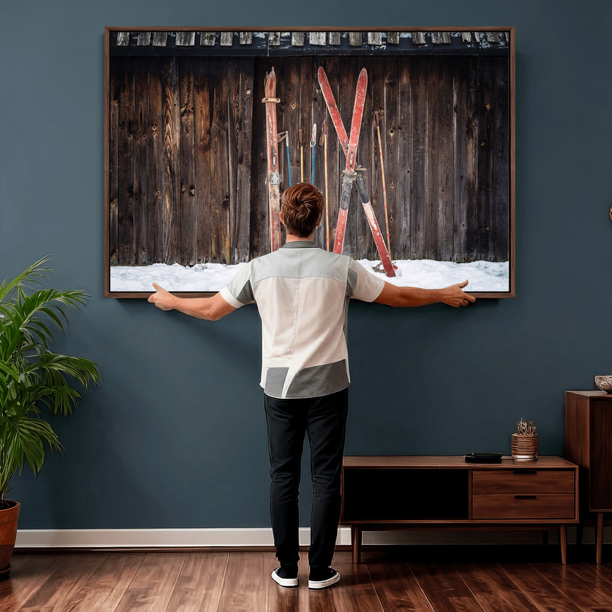 78590-MGV-CV-36X24 - Vintage Ski Gear Canvas Print, Vintage Ski Gear Against Wooden Cabin Wall