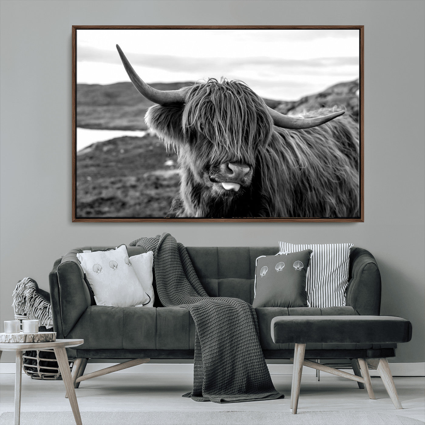MGV-FC-36X24 - Highland Cow Canvas Wall Art – Black and White Animal Portrait – Framed and Ready to Hang Rustic Farmhouse Decor for Living Room or Office