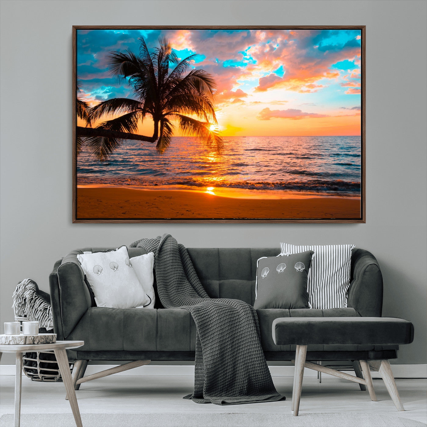 -Palm Tree Sunset On The Beach Wall Art Canvas, Framed Palm Tree Sunset Canvas Print
