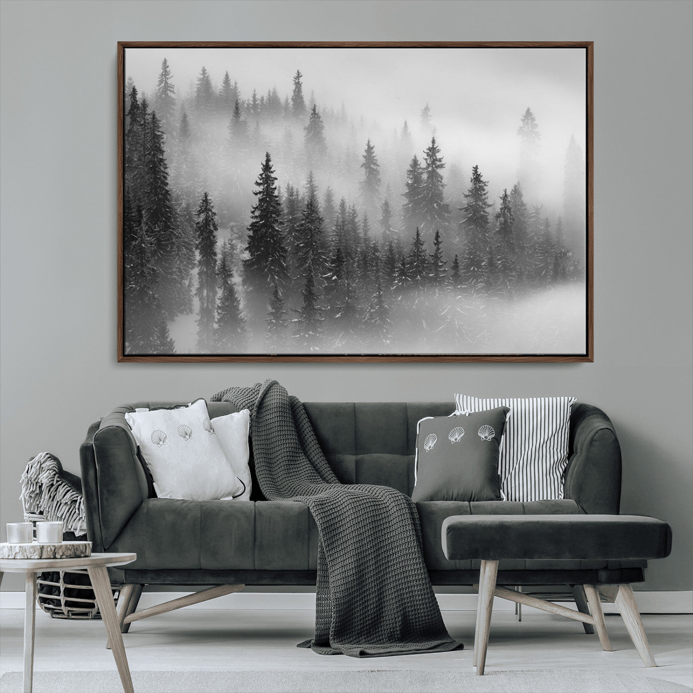 MGV-FC-36X24 - Black and White Forest Wall Art Print – Misty Pine Tree Canvas Print – Winter Woodland Nature Artwork – Perfect for Minimalist Home Decor