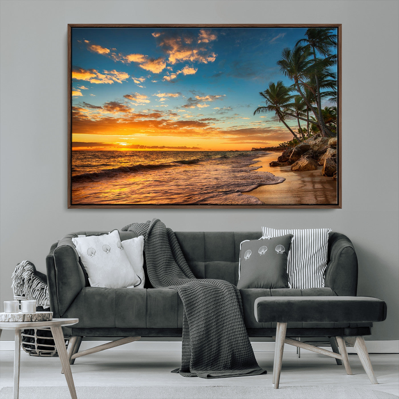 MGV-FC-36X24 - Tropical Beach Sunset Wall Art Print – Palm Tree Coastal Canvas Print – Ocean Seascape Artwork – Perfect for Tropical Modern Home Decor