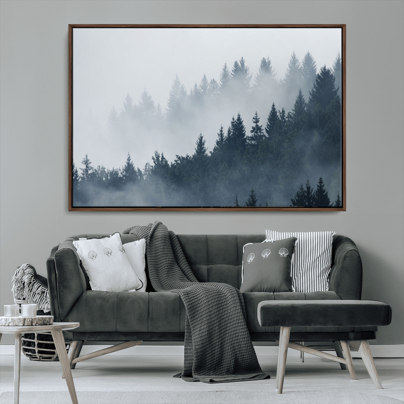 MGV-FC-36X24 - Misty Forest Wall Art Print – Foggy Pine Tree Canvas Print – Dark Woodland Nature Artwork – Perfect for Minimalist and Modern Home Decor