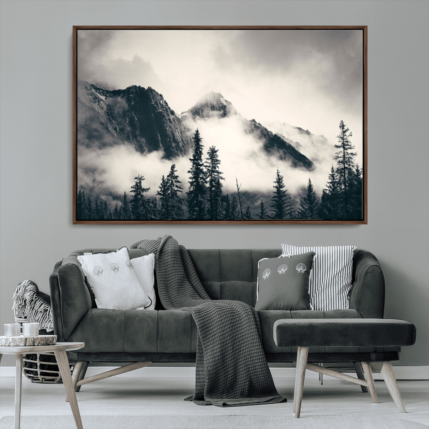 MGV-FC-36X24 - Large Foggy Mountain Forest Wall Art Canvas Print | Misty Mountain Peaks and Pine Trees Print | Framed Gallery Wrap | Rustic Nature Farmhouse Decor