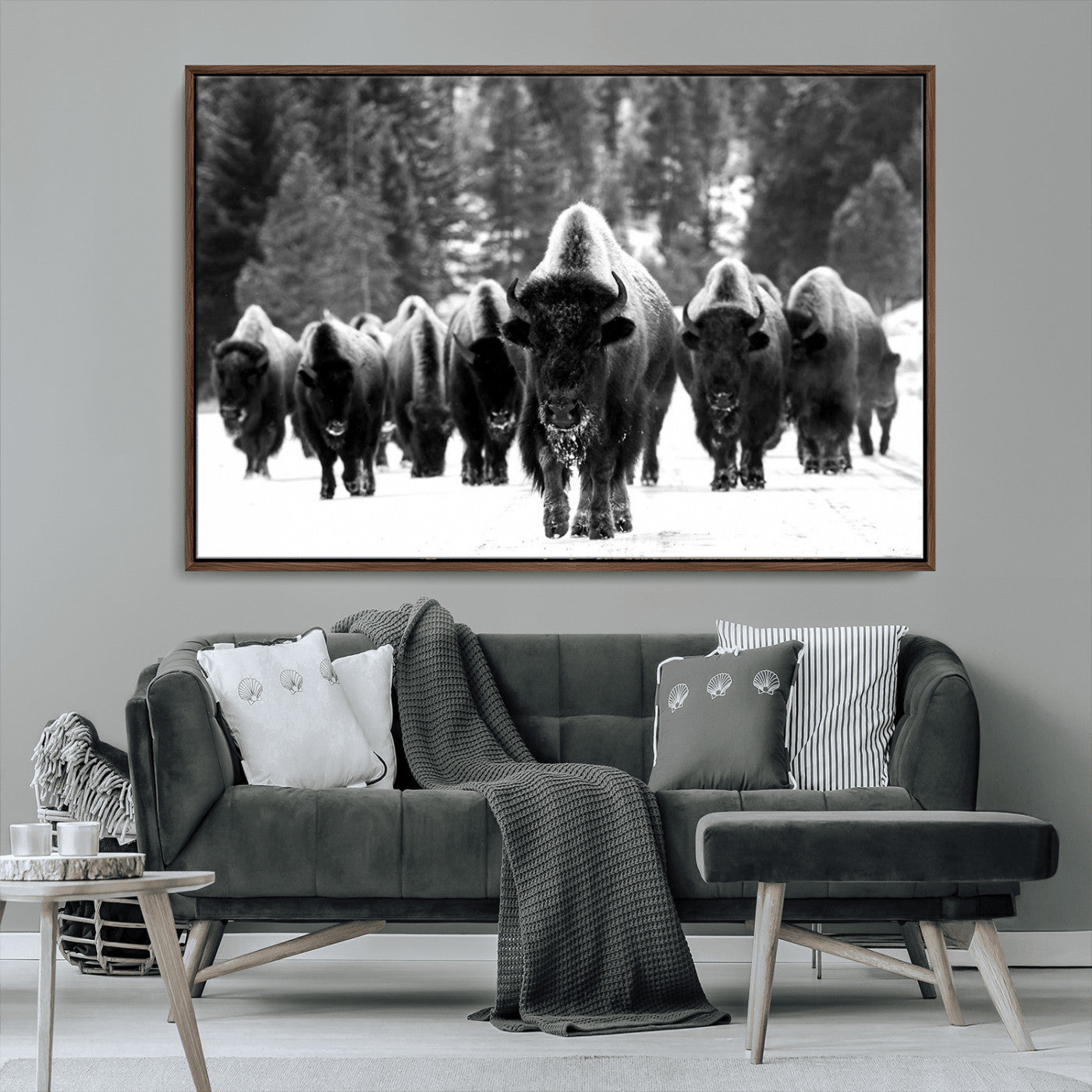 62434-MGV-CV-36X24-Bison Herd in Snow Wall Art Canvas Print | Rustic Western Bison Wall Art for Decor for Living Room,