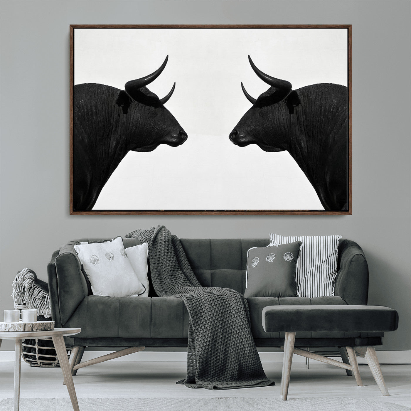 -Spanish Bull Art - Framed Black and White Bull Canvas Print for Modern Rustic Home or Office Decor
