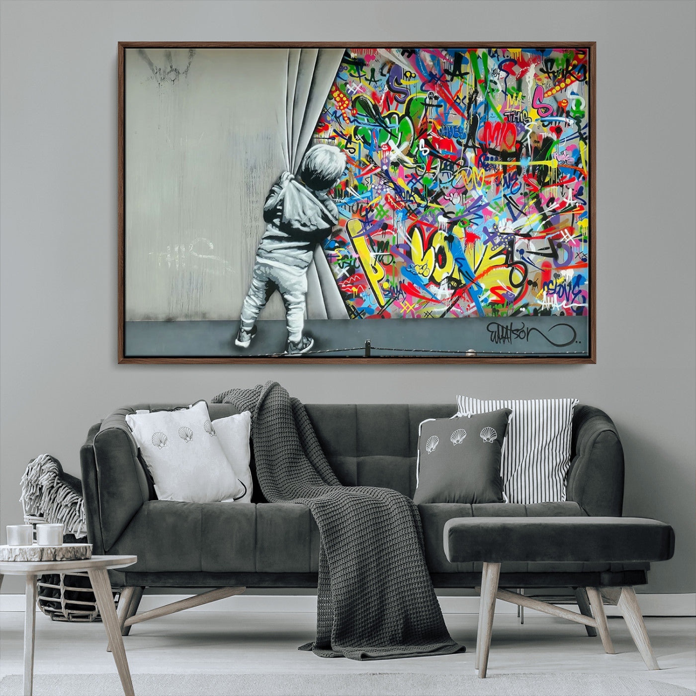 MGV-FC-36X24 - Banksy Colorful Street Graffiti Canvas Wall Art Print, Modern Art Triptych, Child and Graffiti Wall, Urban Art for Home or Office Decor