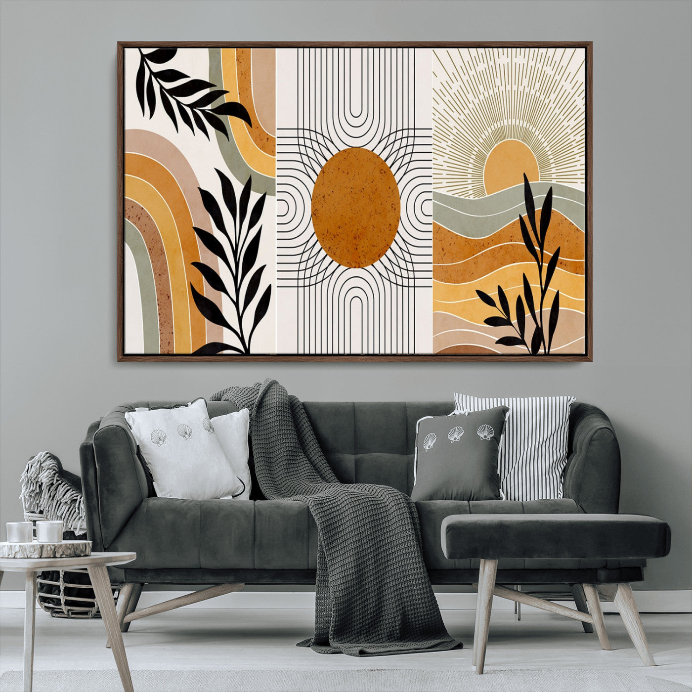 MGV-FC-36X24 - Modern Boho Sun and Leaf Abstract Art – 3-Panel Giclée Canvas for Mid-Century Modern or Bohemian
