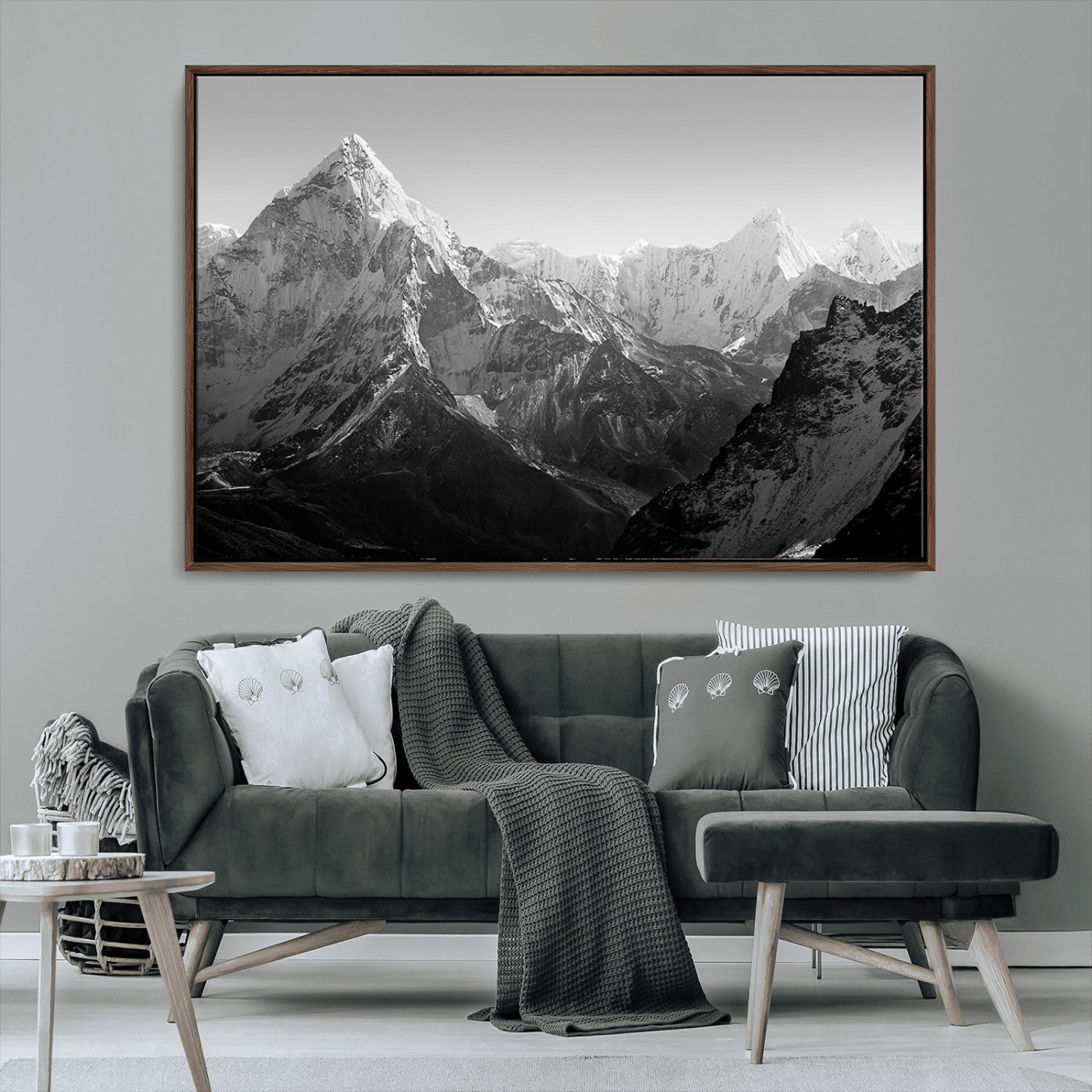 MGV-FC-36X24 - Everest Himalaya Mountain Peaks Black & White Triptych Canvas Art – Mountain Wall Decor for Minimalist Interiors