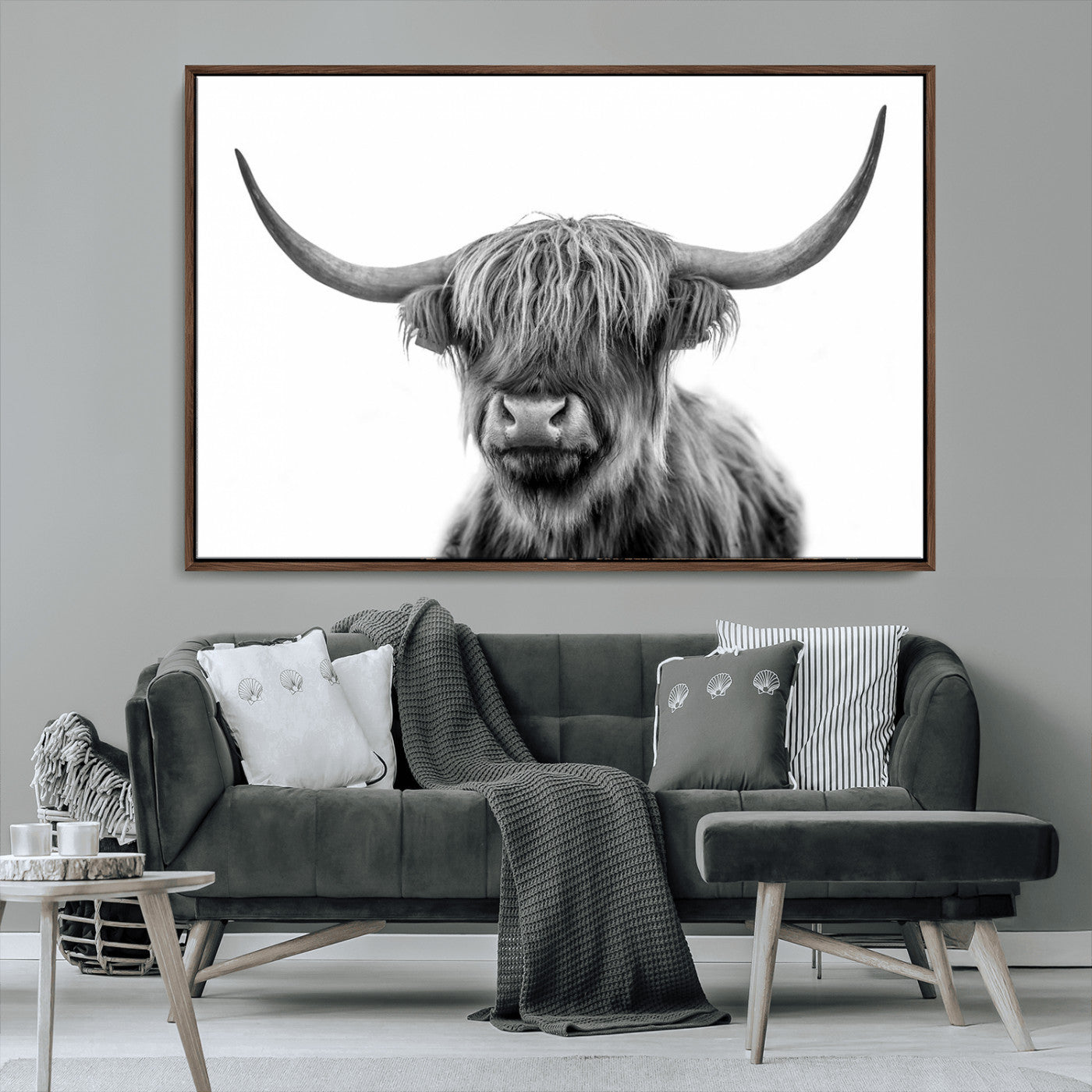 MGV-FC-36X24 - Grayscale Scottish Highland Cow Cattle Art Print Farmhouse Wall Art Canvas Print