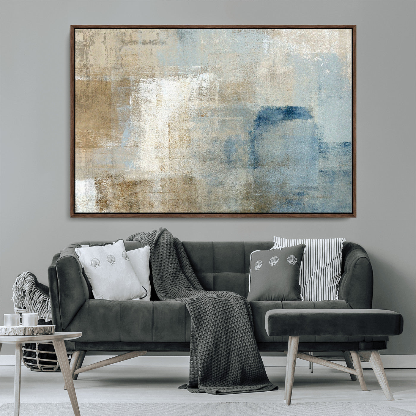 MGV-FC-36X24 - Abstract Blue and Beige Wall Art, Modern Minimalist Canvas Print Set, Giclee Textured Art, Large Multi-Panel Artwork for Living Room