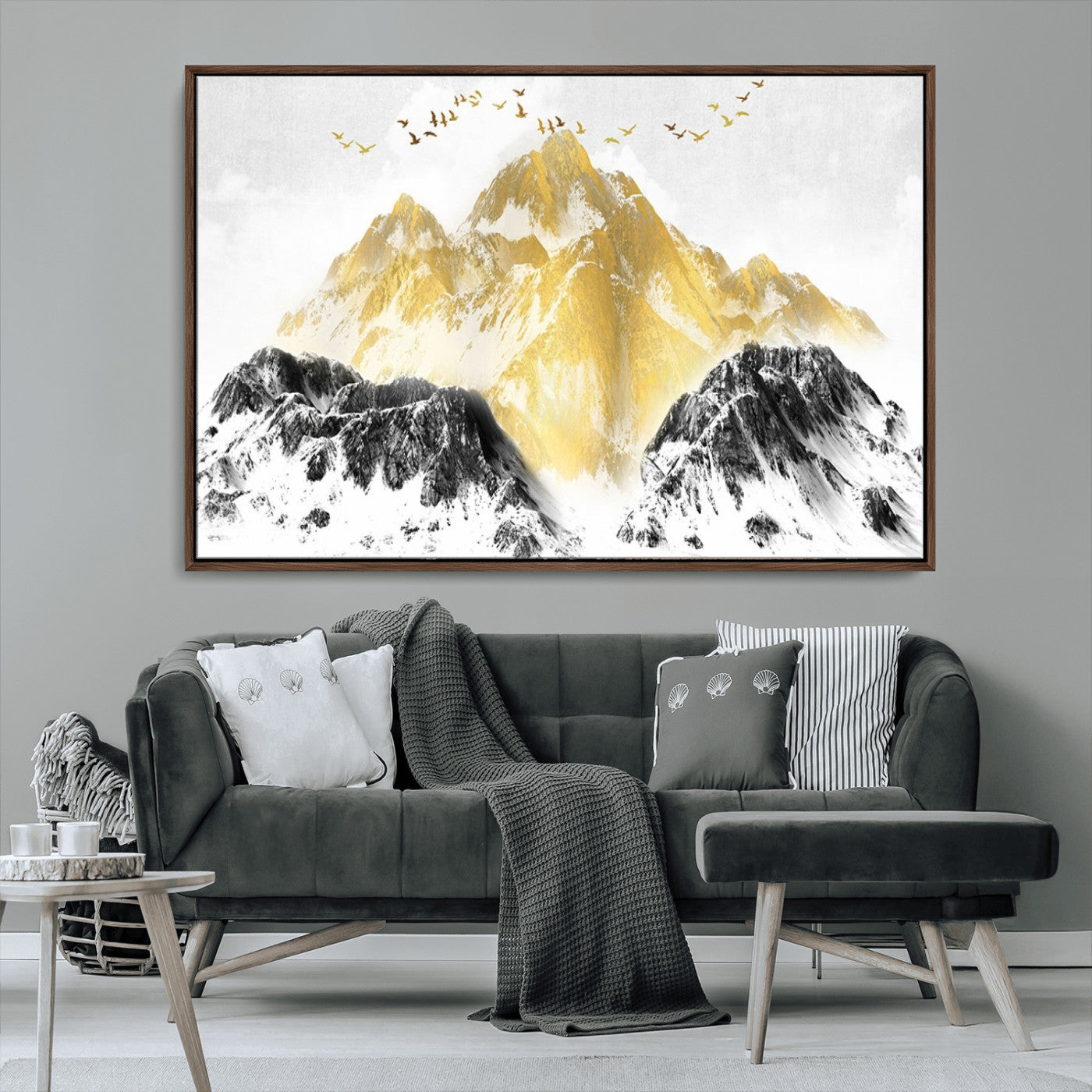 MGV-FC-36X24 - Golden Mountain Triptych Wall Art, Modern Giclee Canvas Print, Nature Landscape Decor for Living Room, Contemporary Gold and Black Wall Art