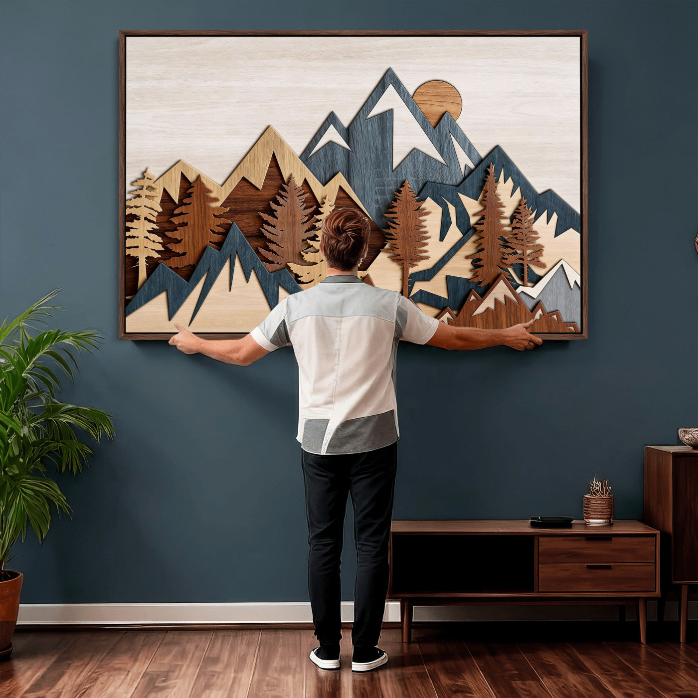 67950-MGV-CV-36X24 - Rustic Abstract Wood Panel Effect Canvas Mountain Range Top Wood Wall Art Canvas Print
