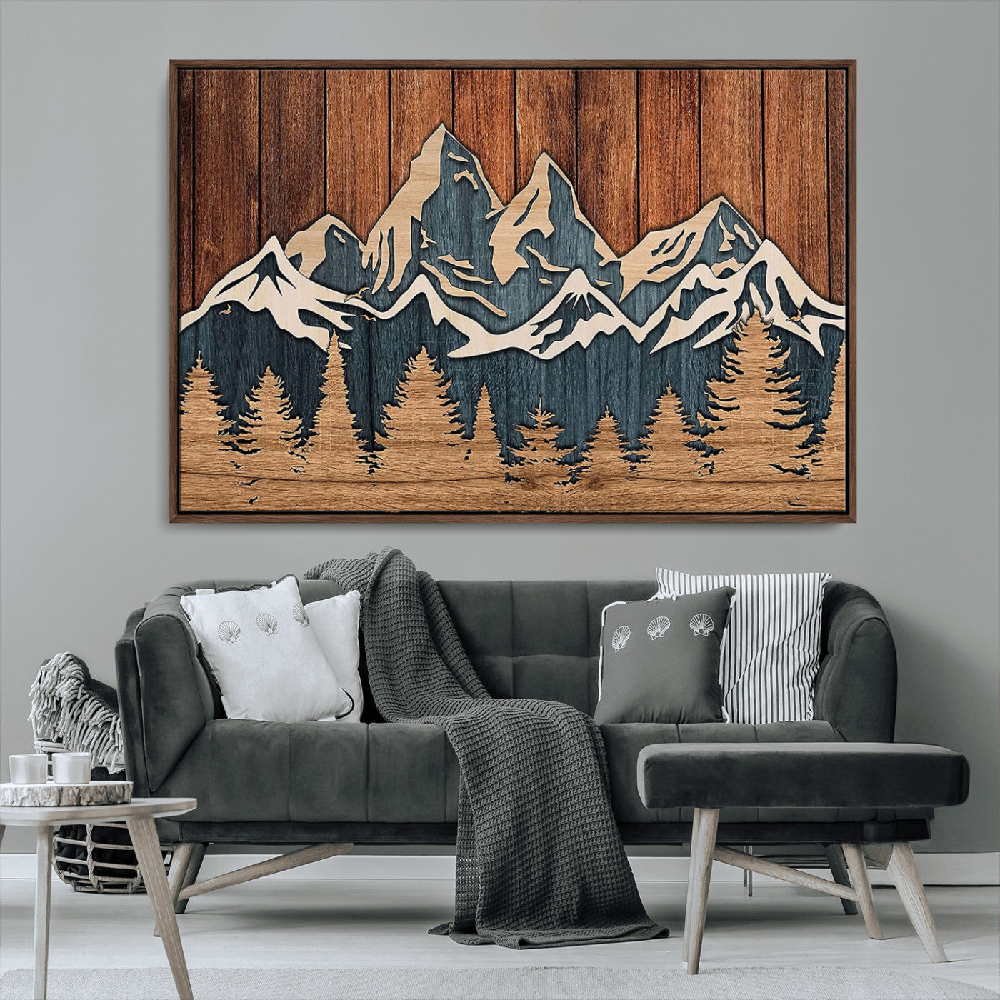 MGV-FC-36X24 - Rustic Wood Style Mountain Wall Art, Nature Forest Canvas Print, Wooden Textured Mountain Artwork, Handcrafted Landscape Decor for Farmhouse Decor
