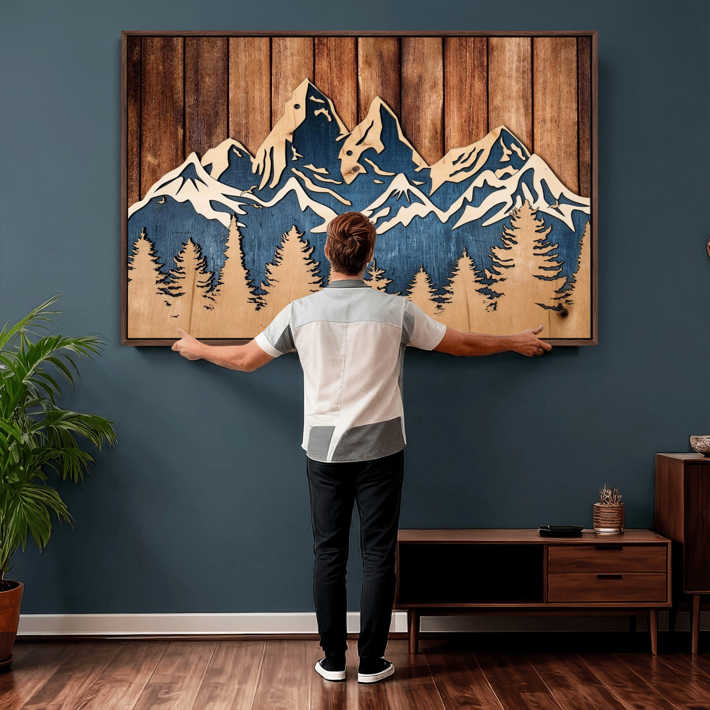 41330-MGV-CV-36X24 - Rustic Wood Style Mountain Wall Art, Nature Forest Canvas Print, Wooden Textured Mountain Artwork Print