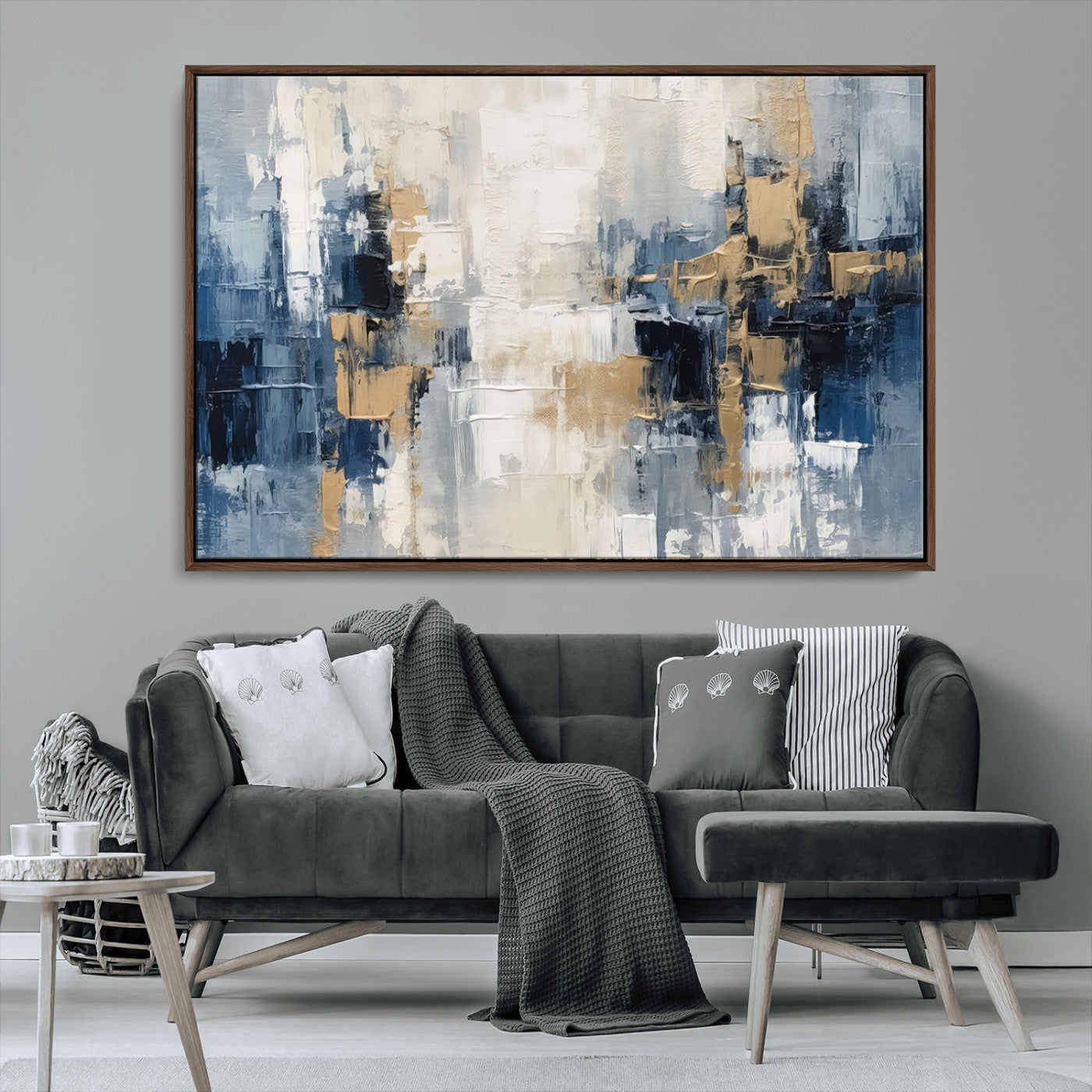 -Modern Abstract Canvas Wall Art in Blue and Gold Tones | Large Contemporary Art for Living Room,
