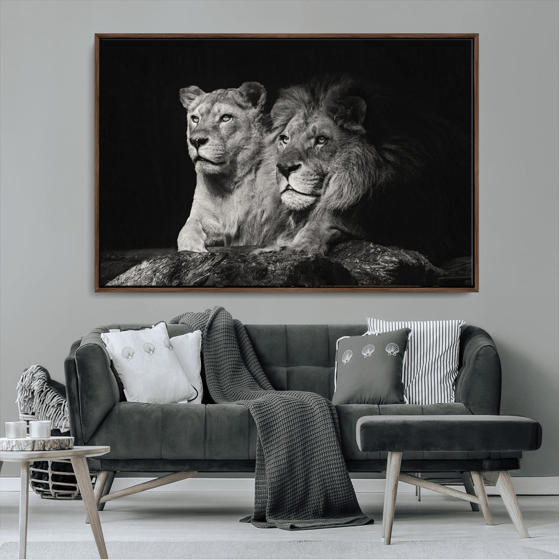 Lion Couple Wall Art Canvas Print, Elegant Black and White Wildlife Portrait
