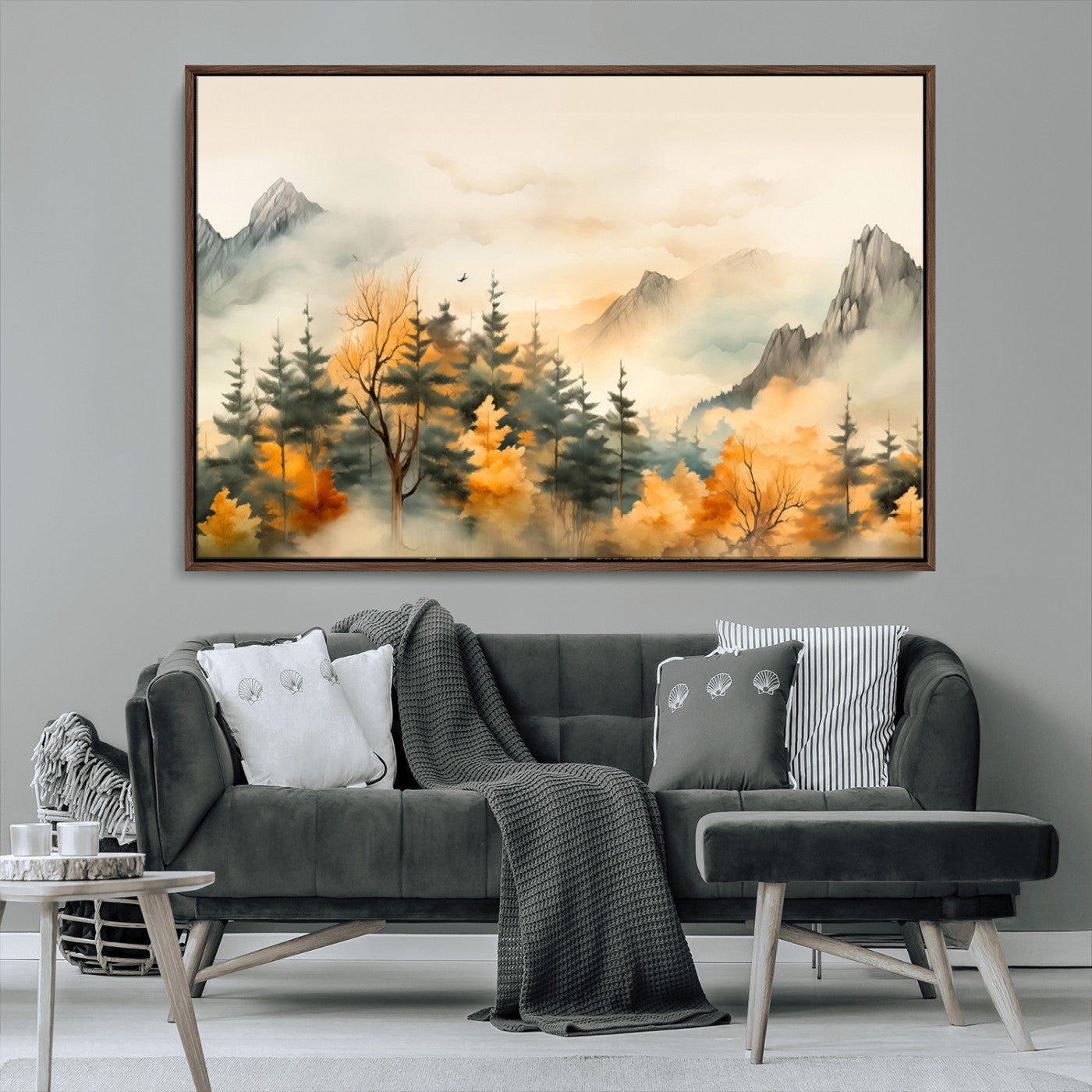 MGV-FC-36X24 - Abstract Watercolor Mountains and Trees Autumn Art, Watercolor Mountains and Trees Canvas Print
