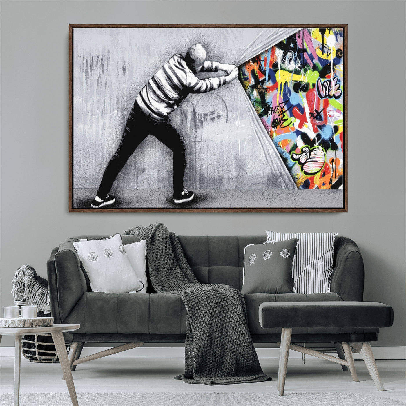 MGV-FC-36X24 - Banksy Art Behind the Curtain Street Wall Art Canvas Print | 3-Panel Urban Graffiti-Inspired Wall Art for Living Room or Office