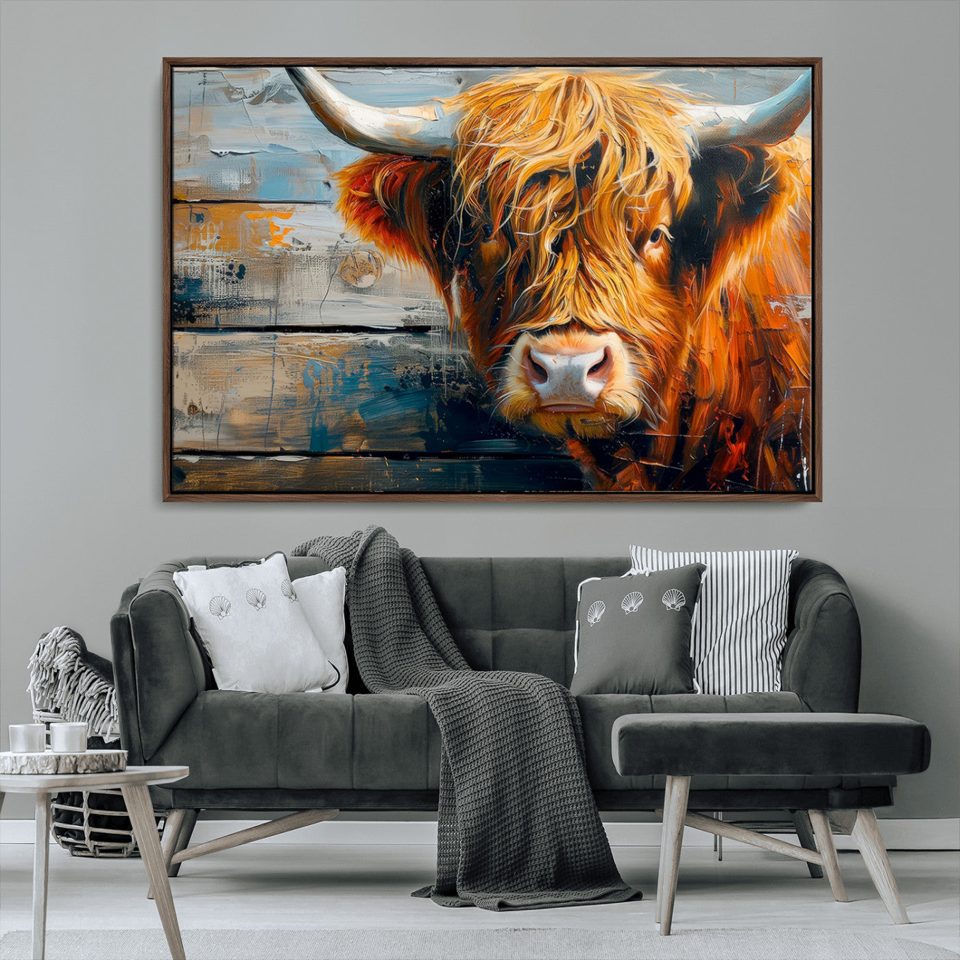 -Highland Cow Abstract Canvas Wall Art – Bold Farmhouse Rustic Decor – Ready to Hang