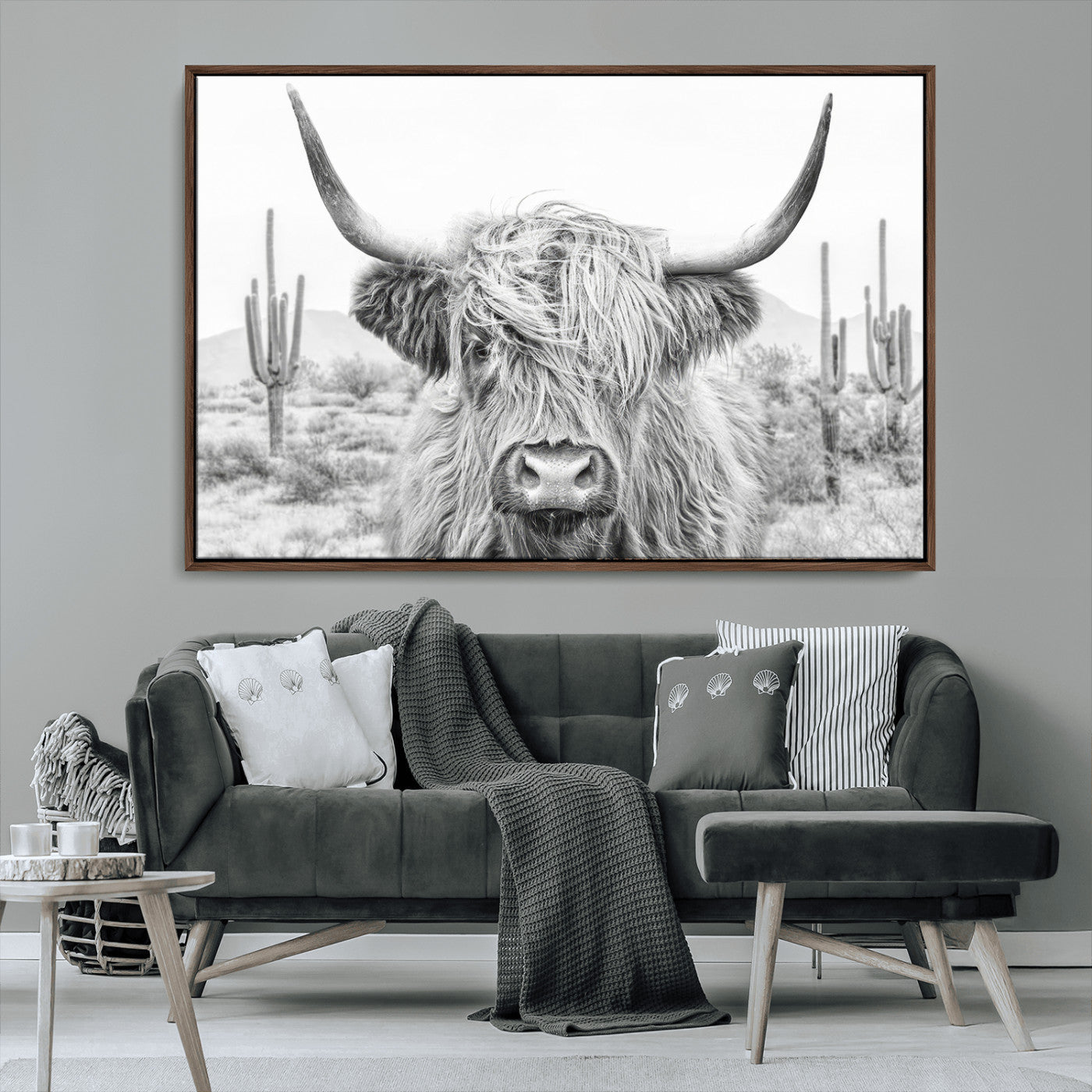 -Rustic Charm | Cow Longhorn Black White Bighorn Wall Art Canvas Print | Farmhouse Wall Art