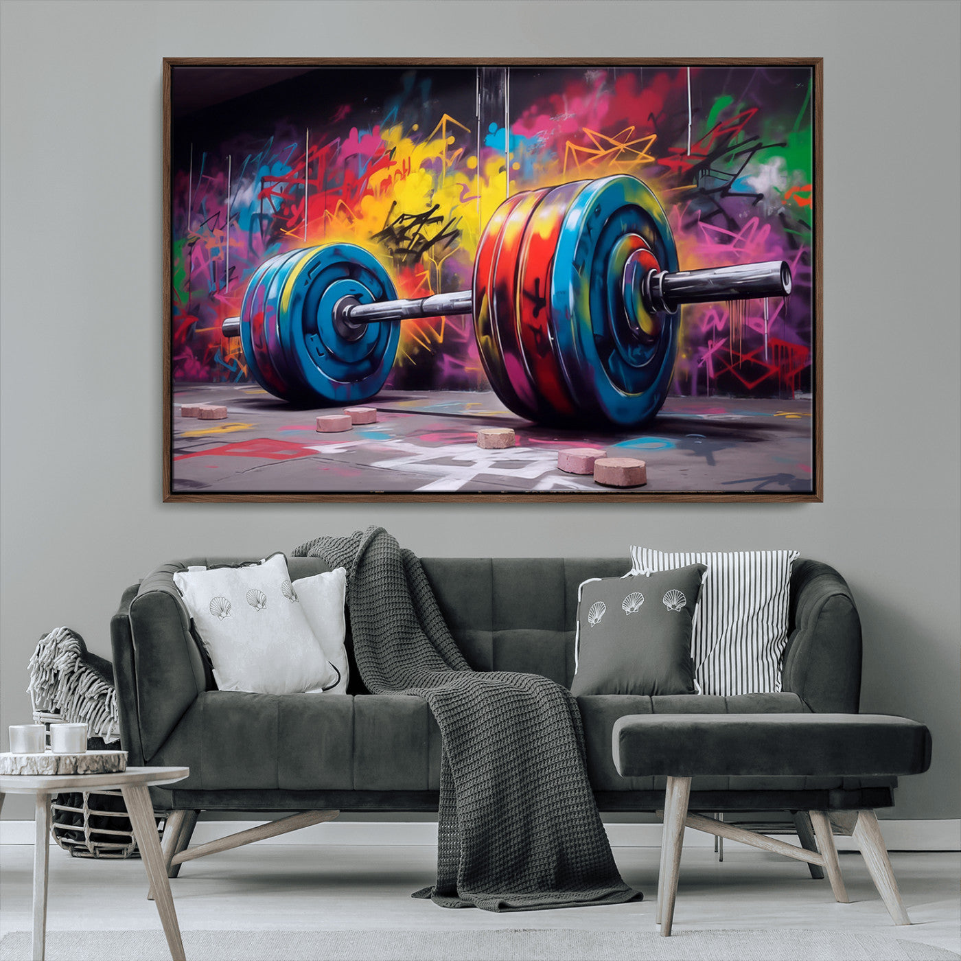 MGV-FC-36X24 - Abstract Graffiti Barbell Canvas Wall Art – Urban Fitness Meets Bold Street Art Print - Gym Wall Art Print