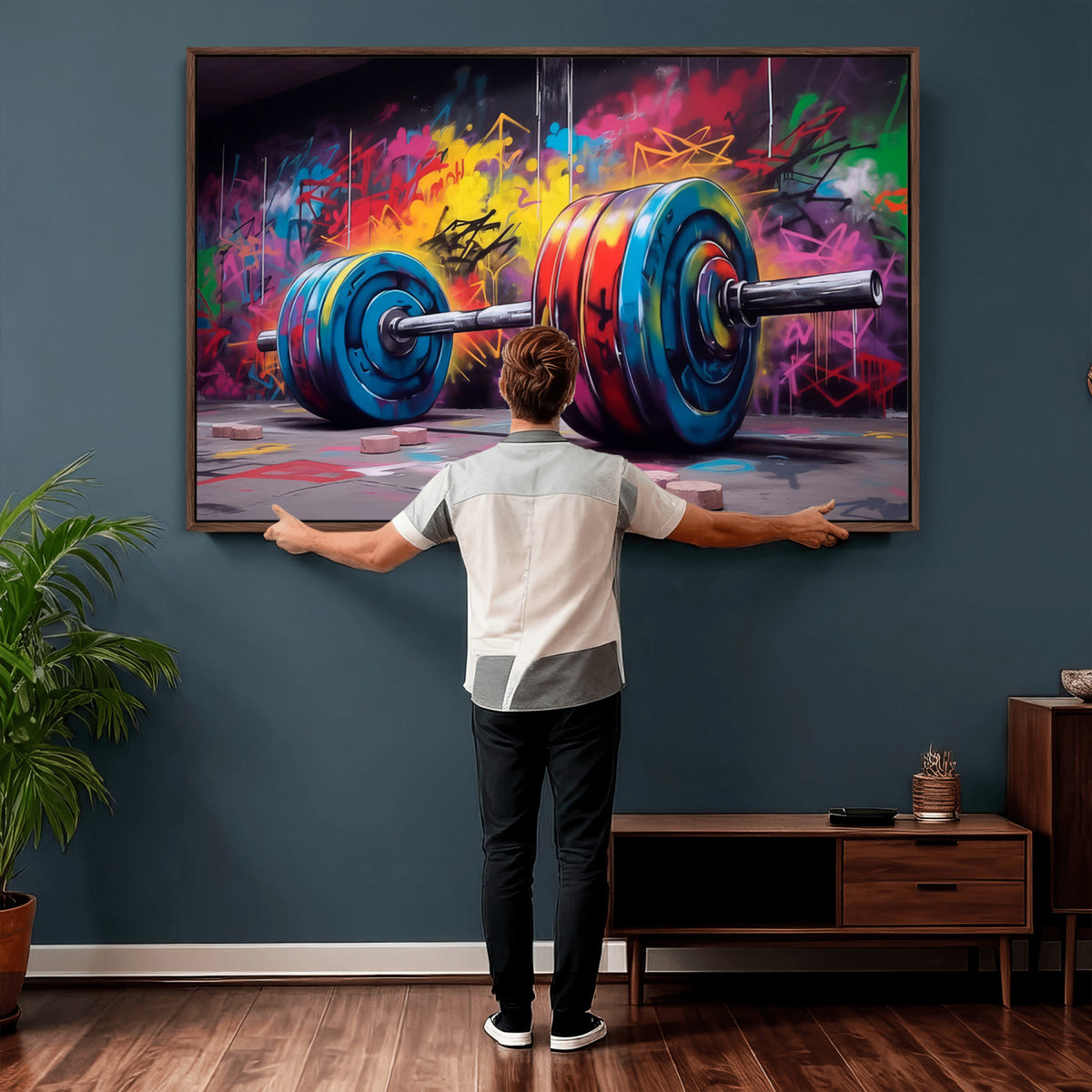 13549-MGV-CV-36X24 - Abstract Graffiti Barbell Canvas Wall Art | Urban Fitness Meets Bold Street Art