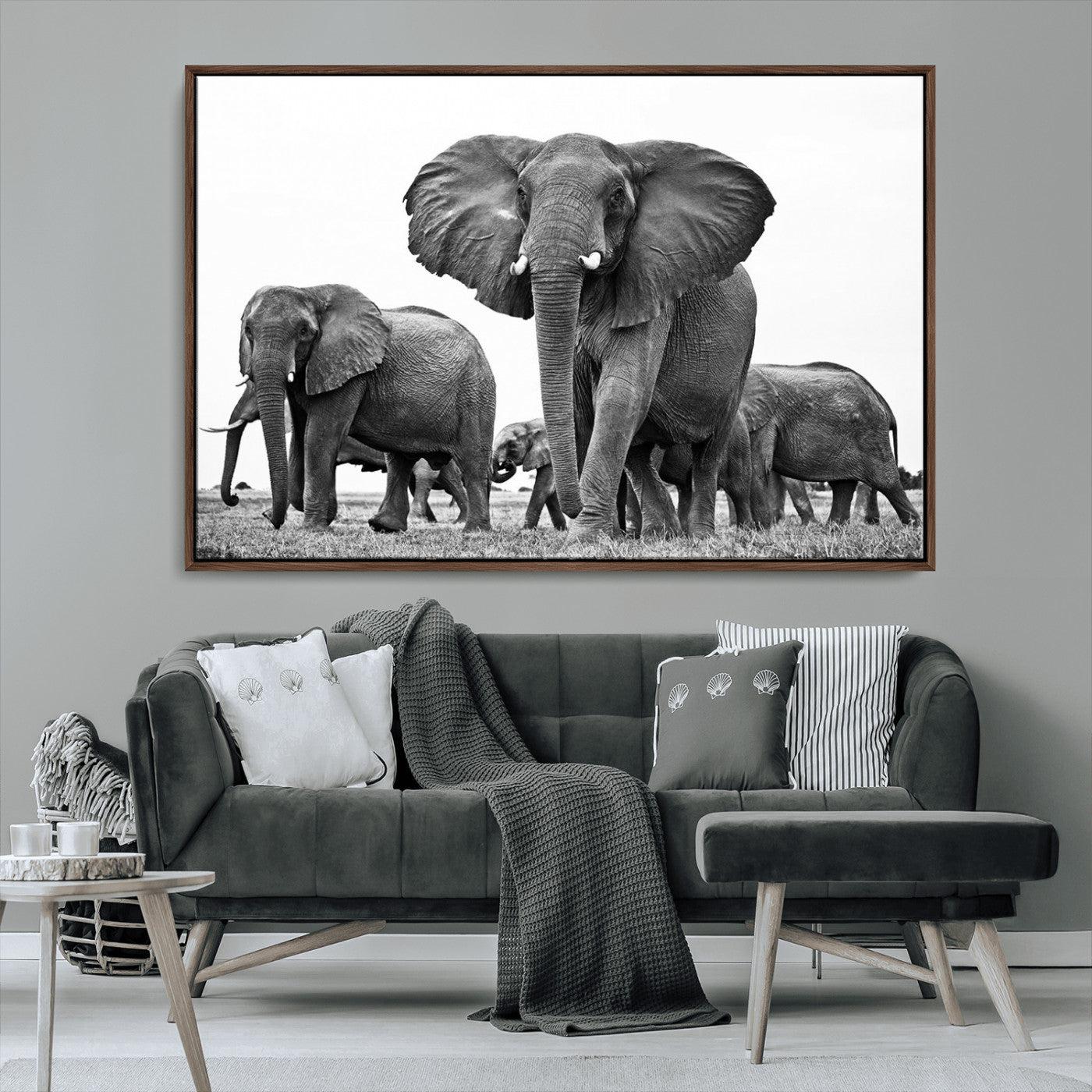 MGV-FC-36X24 - Black White Elephant Family Wall Art Canvas Print