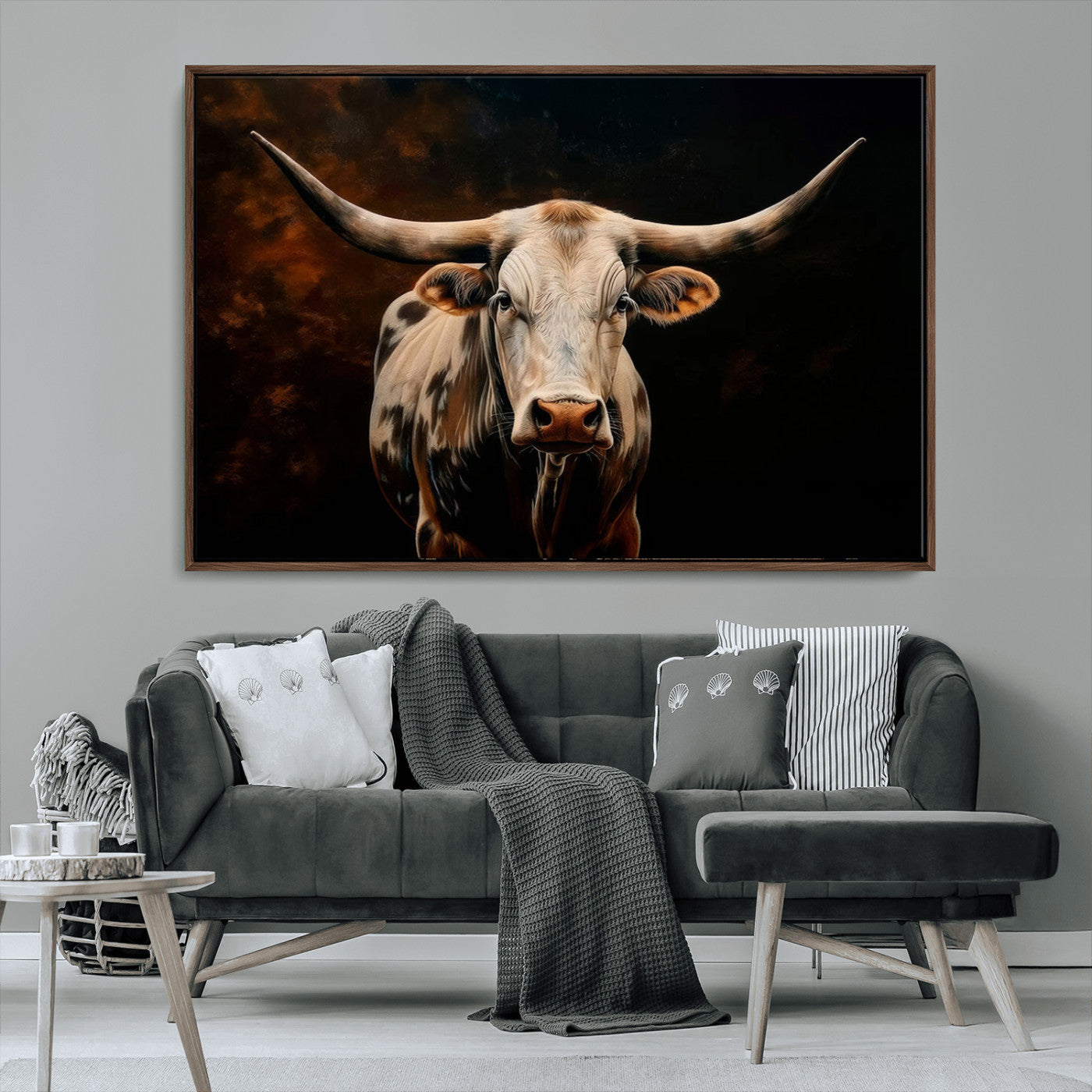 MGV-FC-36X24 - Texas Longhorn Wall Art | 3-Panel Large Texas Longhorn Canvas Print for Living Room, Office, or Farmhouse Decor | Framed Giclee Longhorn Wall Art