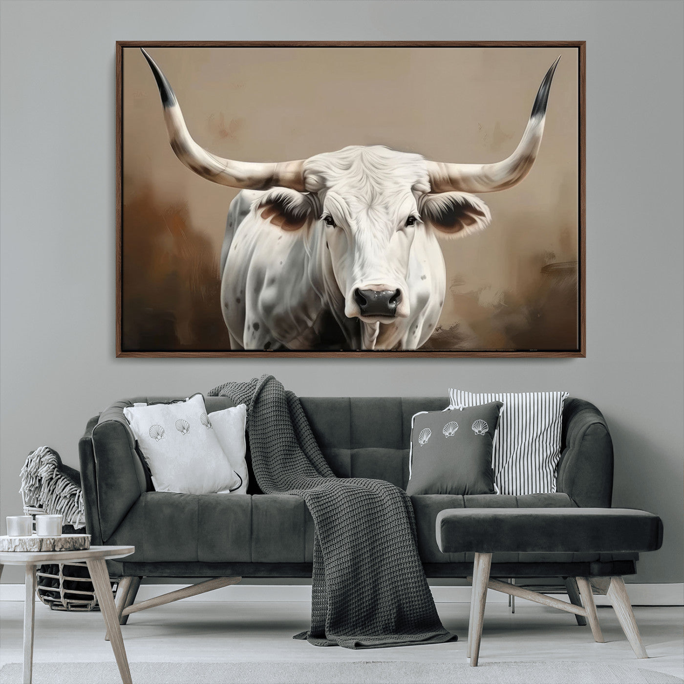 -White Longhorn Bull Wall Art Canvas Print – Framed and Ready to Hang – Perfect for Farmhouse and