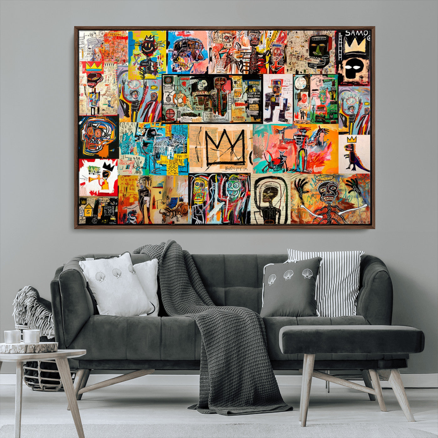 MGV-FC-36X24 - Basquiat Art Collage Wall Art Canvas Print – Framed, Ready to Hang, Urban Graffiti Style