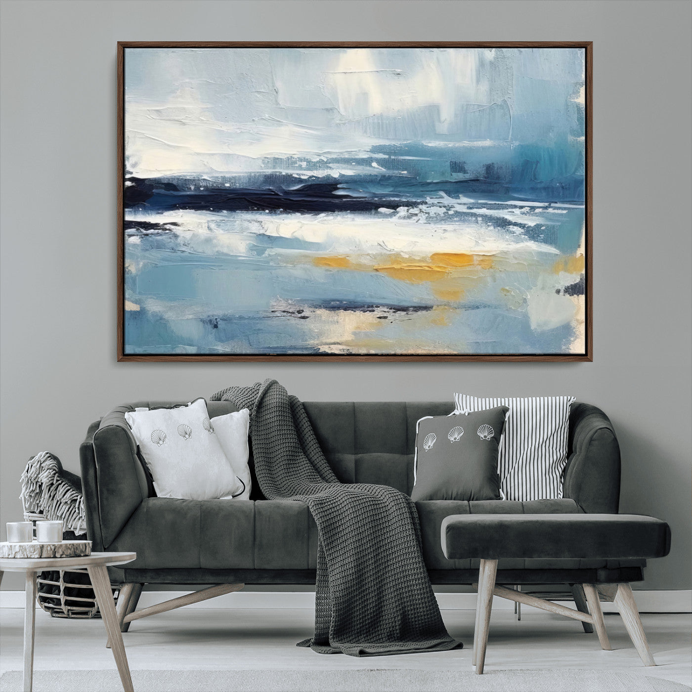 MGV-FC-36X24 - Abstract Ocean Canvas Wall Art - Coastal Blue and Gold Textured Painting, Modern Seascape Decor for Living Room Decor
