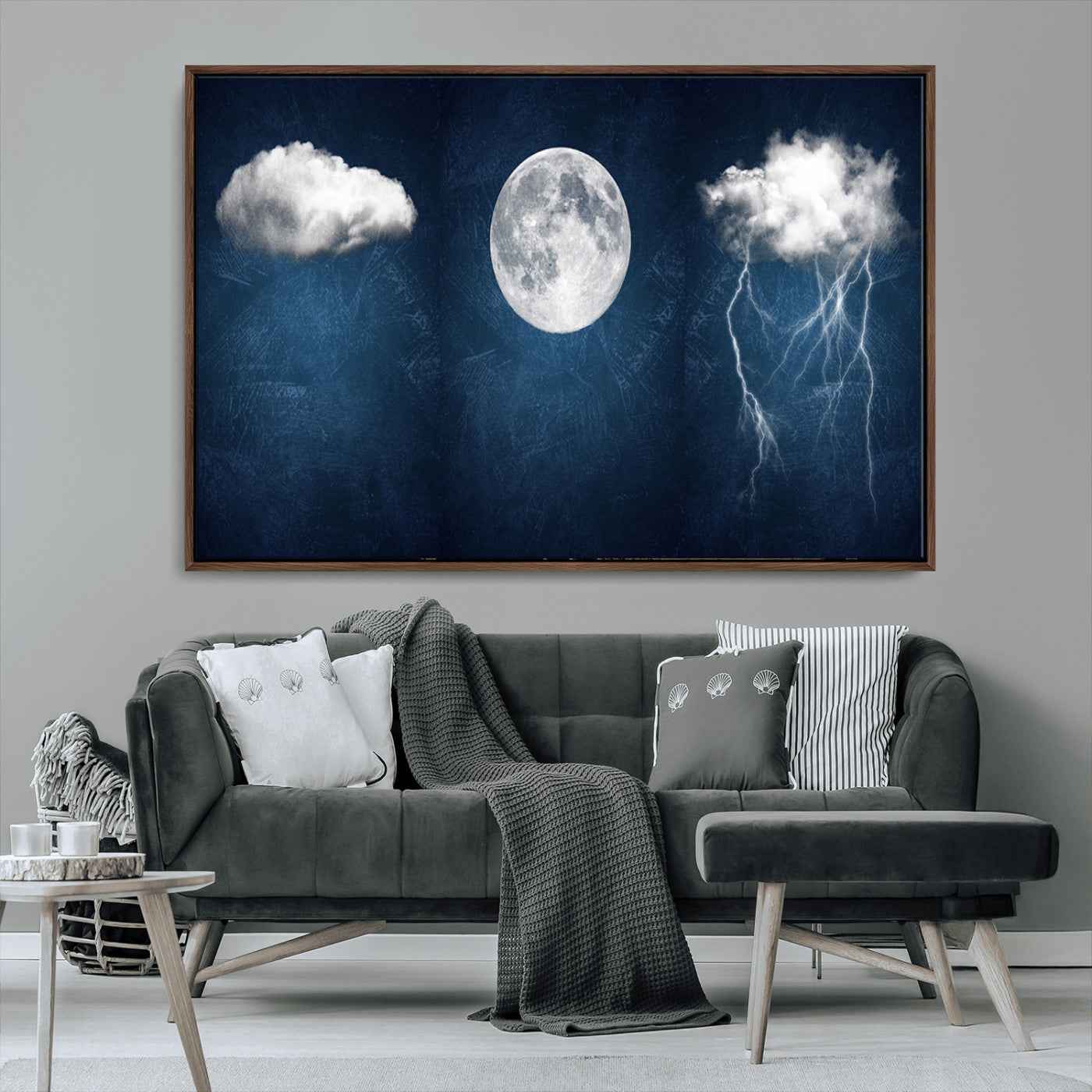 -Dark Blue Cloud Art, 3 Piece Indigo Blue Wall Art, Aesthetic Surreal Art, Thunderstorm Moon Cloud