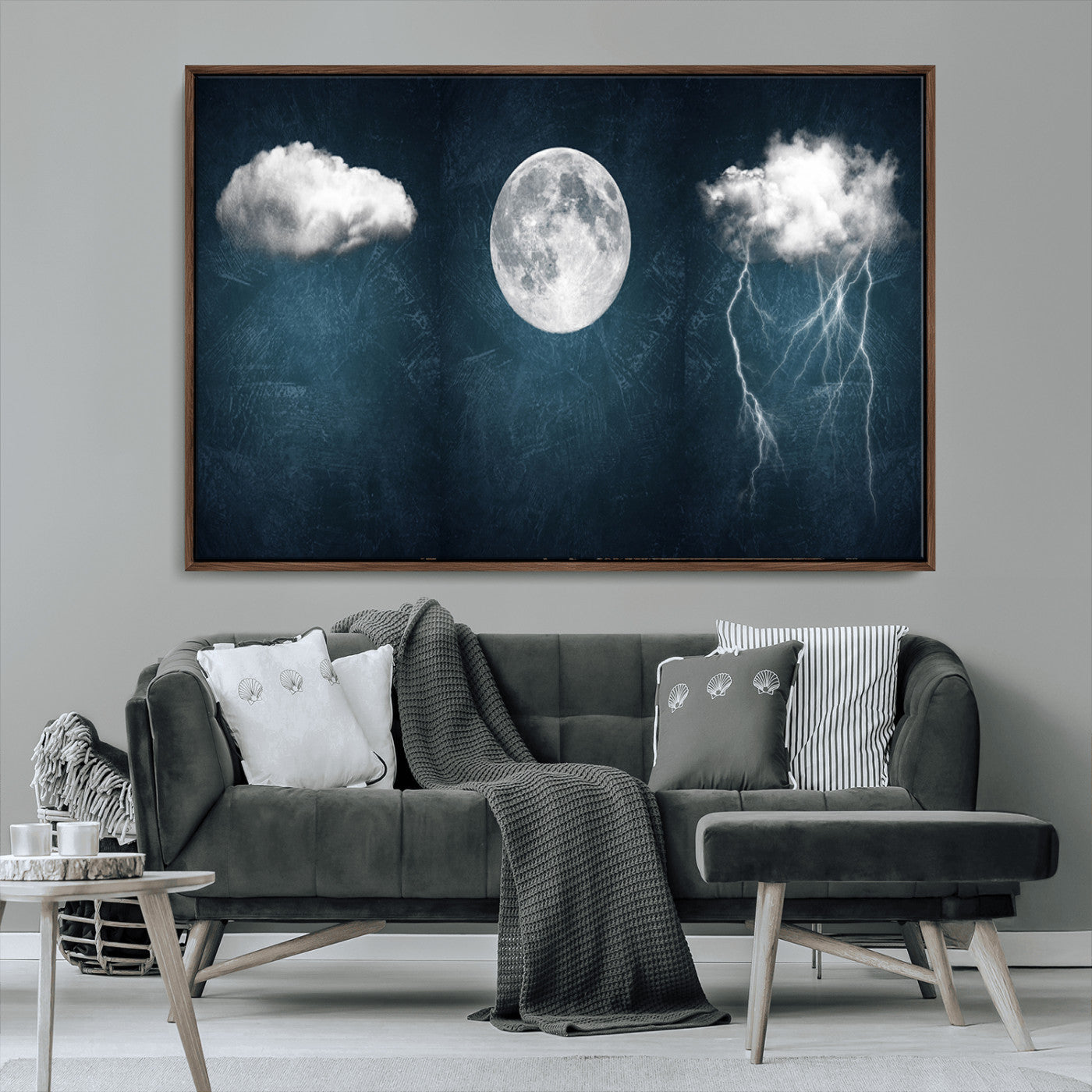 -3 Piece Indigo Cloud Wall Art, Thunderstorm Moon Cloud Artworks