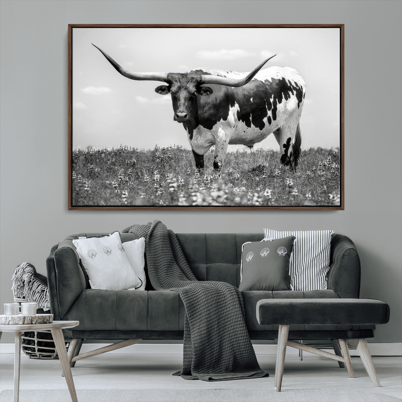 -Texas Black White Highland Longhorn Cow Wall Art Canvas Print