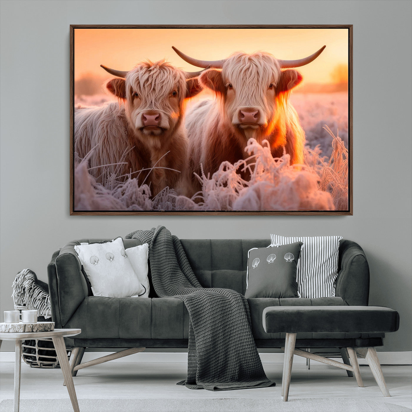 -Highland Cows at Sunrise Wall Art Canvas Set – Serene and Rustic Farmhouse Decor