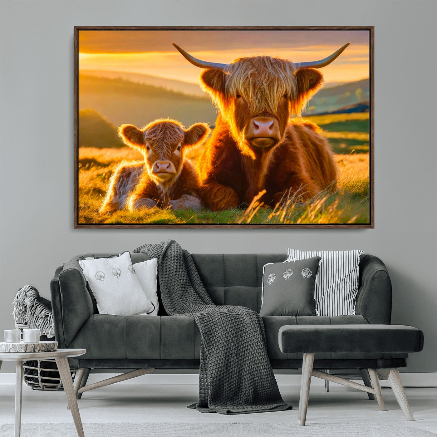 -Scottish Cow and Baby Cow Canvas Wall Art Animal Print Fluffy Cattle Framed Farmhouse Decor