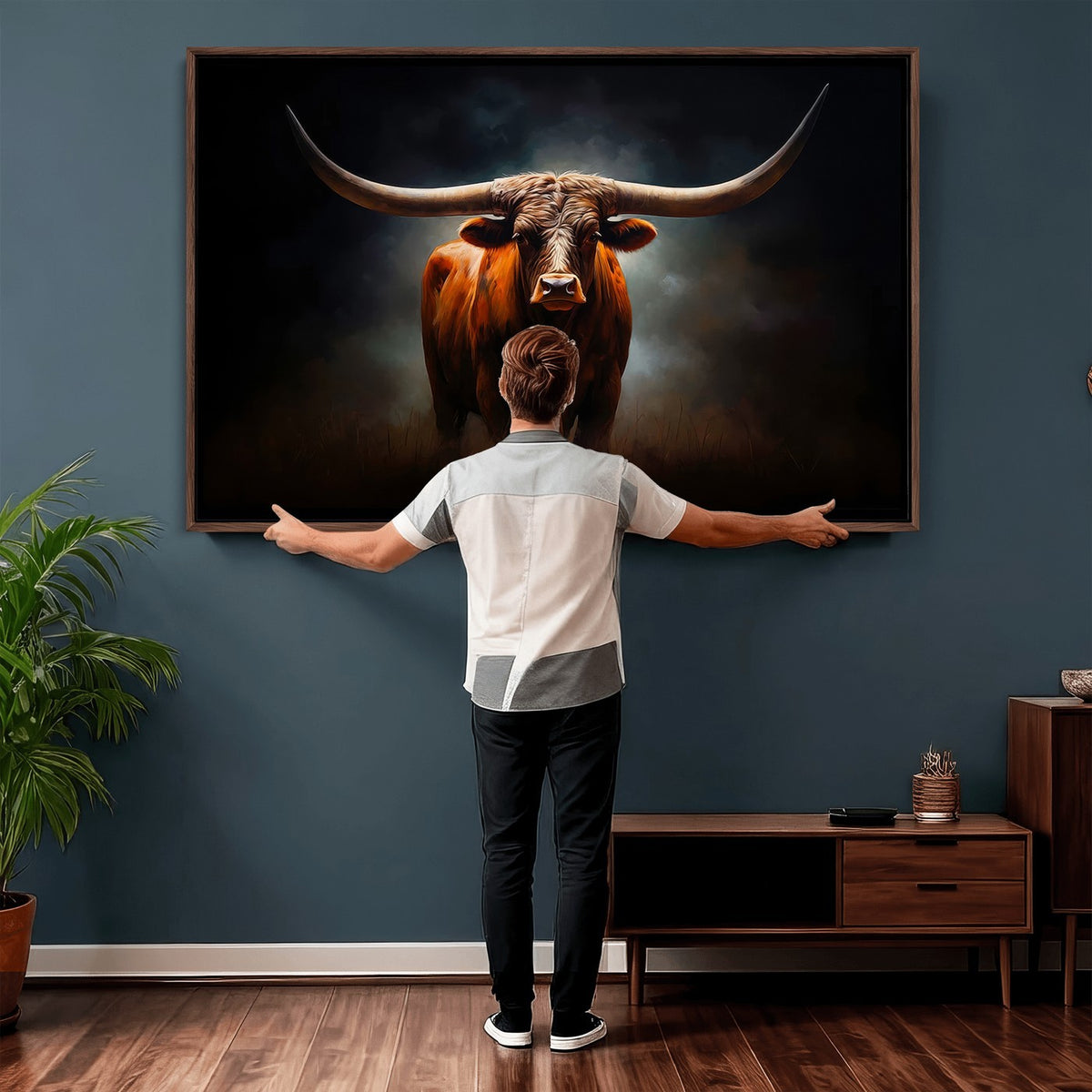 48896-MGV-CV-24X16 - Abstract Texas Longhorn Wall Art Print | 3-Panel Large Texas Longhorn Canvas