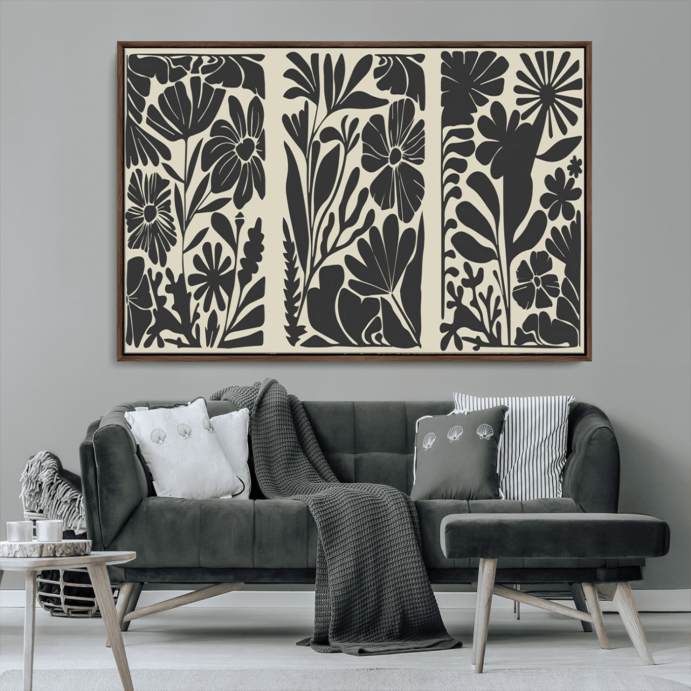 MGV-FC-36X24 - Modern Botanical Wall Art - Floral Black and White Canvas Print, Framed, Ready to Hang