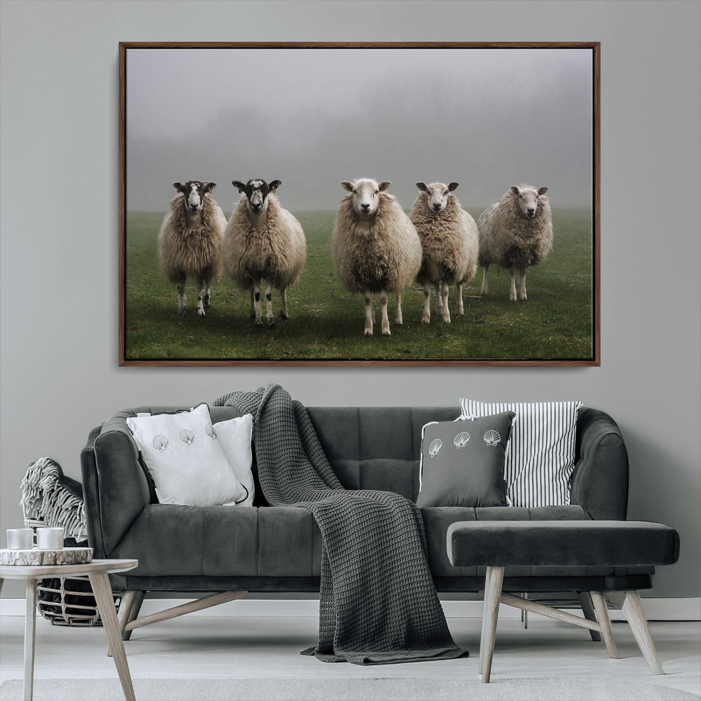 -Flock of Sheep in a Mystical Fog – Pastoral Wall Art Canvas Print, Framed, Ready to Hang